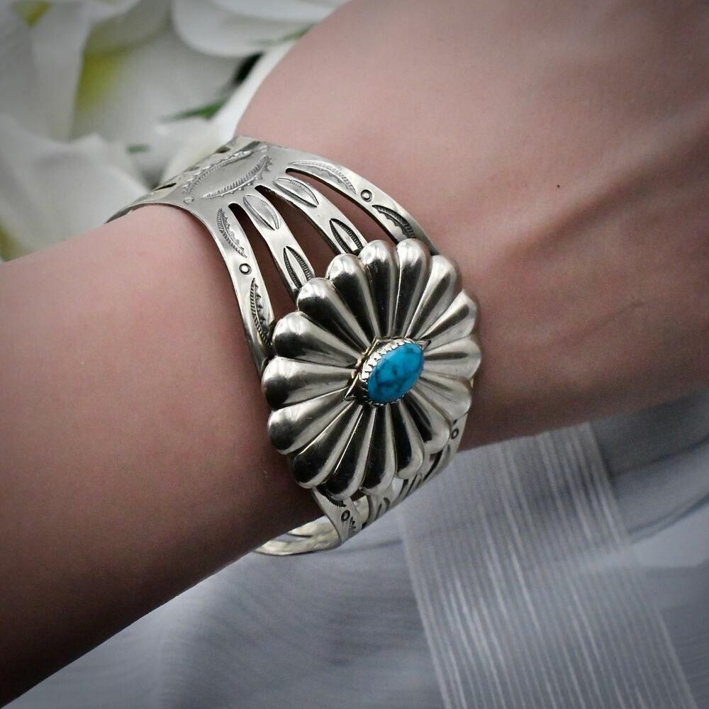 Vintage Bell Trading Post Nickel Silver Turquoise Cuff Bracelet Size 7 - Picture 9 of 11